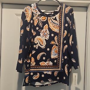 Alfred Dunner Navy and Orange Paisley Blouse